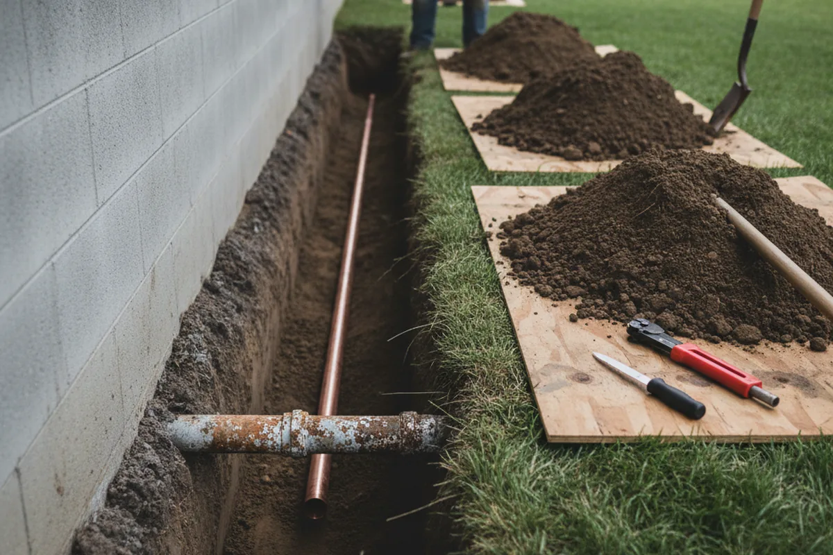 Excavated water line trench during Water Heater Repair in Orange